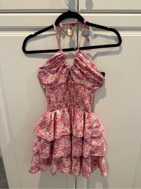 SHEIN Pink Floral Halter Ruffle Mini Dress